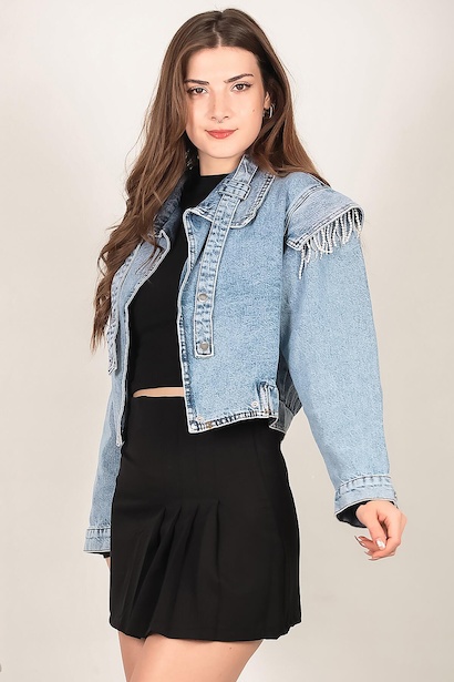 Kadın Omuz Taşlı Crop Kot Ceket