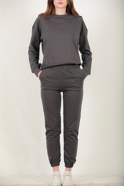 Kadın Paçası Lastikli Oversize Takım Füme 6