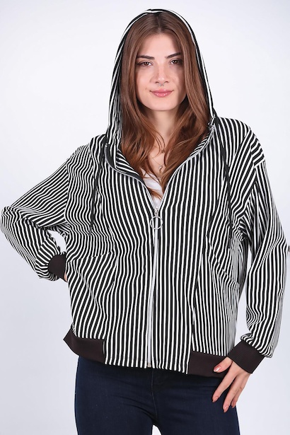 Kadın Çizgili Kapşonlu Sweat