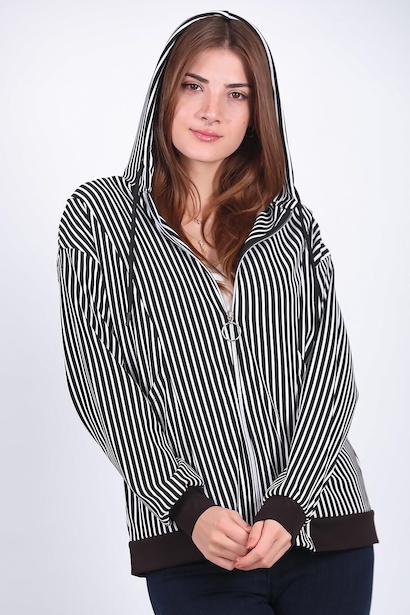 Kadın Çizgili Kapşonlu Sweat Siyah 6