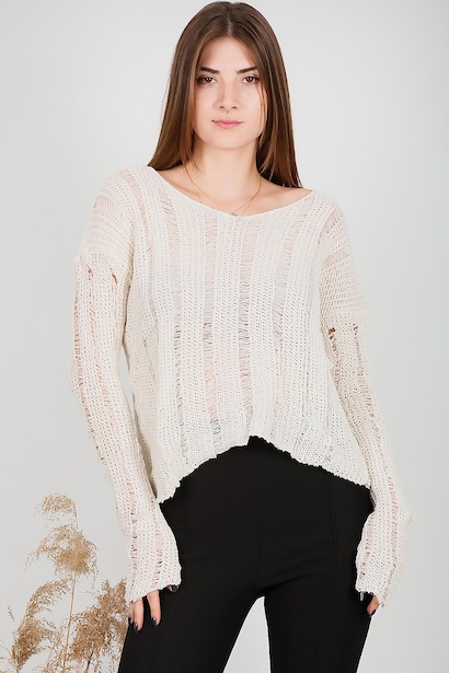 Kadın V Yaka Fileli Triko Bluz Taş 6