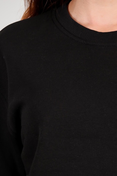 Kadın Üç İplik Kolu Çimalı Sıfır Yaka Sweat Siyah 6