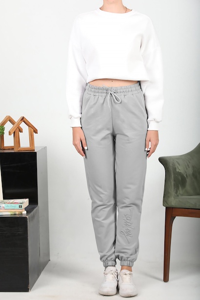 Kadın İki İplik Baskılı Eşofman Altı Gri 6