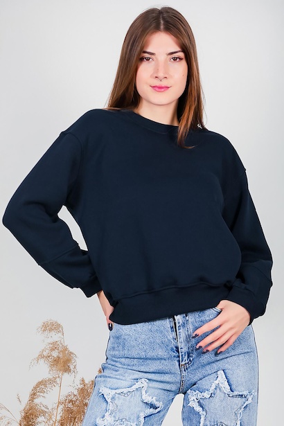 Kadın Üç İplik Kolu Çimalı Sıfır Yaka Sweat