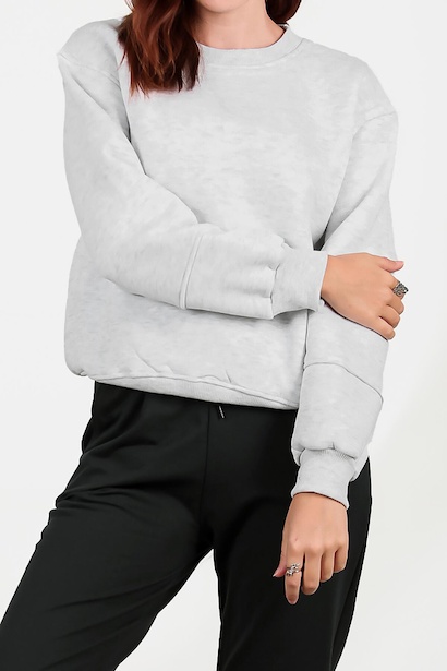 Kadın Üç İplik Kolu Çimalı Sıfır Yaka Sweat