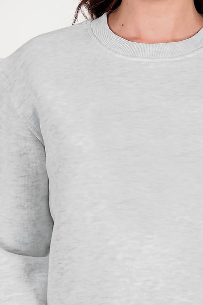 Kadın Üç İplik Kolu Çimalı Sıfır Yaka Sweat Gri 6