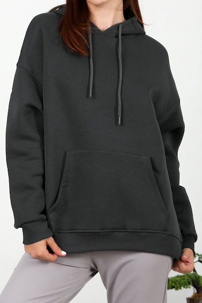 Kadın Üç İplik Kapşonlu Kanguru Cep Sweat