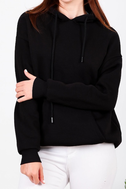 Kadın Üç İplik Kapşonlu Kanguru Cep Sweat