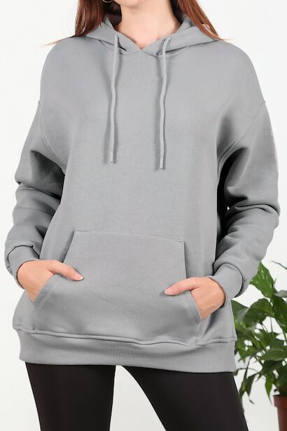 Kadın Üç İplik Kapşonlu Kanguru Cep Sweat 
