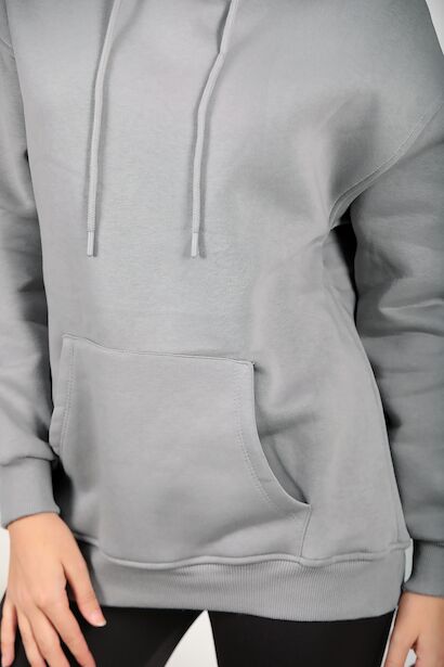 Kadın Üç İplik Kapşonlu Kanguru Cep Sweat Gri 6