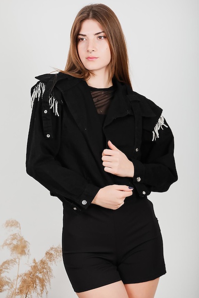 Kadın Omuz Taşlı Kot Ceket