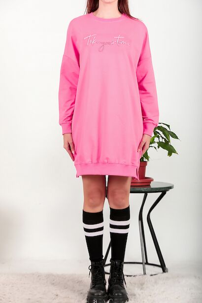 Kadın İki İplik Baskılı Tunik Elbise  Pembe 6