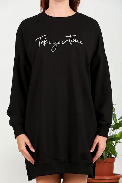 Kadın İki İplik Baskılı Tunik Elbise Siyah 6