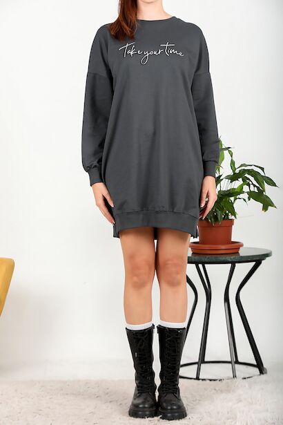 Kadın İki İplik Baskılı Tunik Elbise Füme 6