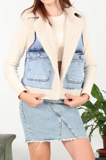 Kadın İçi Kürklü Kot Yelek