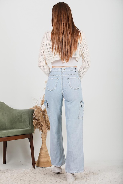 Kadın Kargo Cepli Bol Paça Pantolon Kot Kot 6