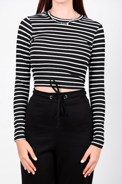 Kadın Sıfır Yaka Kaşkorse Çizgili Bluz Siyah 6