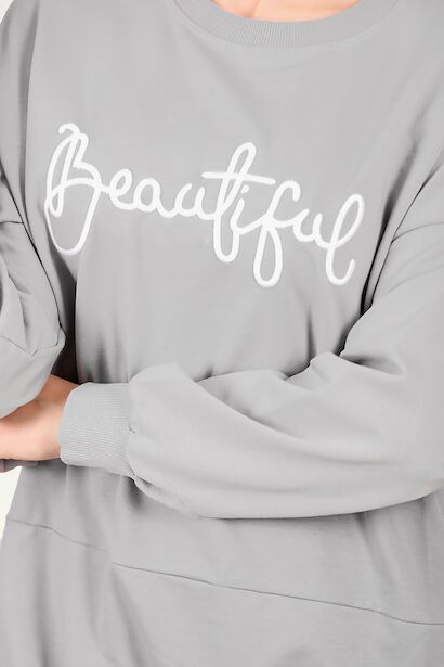 Kadın İki İplik Nakış Garnili Tunik Gri 6