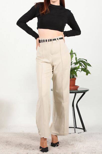 Kadın Kemerli Brit Detay Çimalı Bol Paça Pantolon 