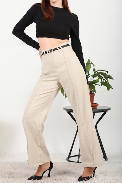 Kadın Kemerli Brit Detay Çimalı Bol Paça Pantolon