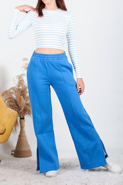 Kadın Üç İplik Çimalı Bol Paça Eşofman Saks