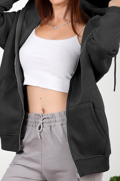 Kadın Üç İplik Fermuarlı Sweat Füme