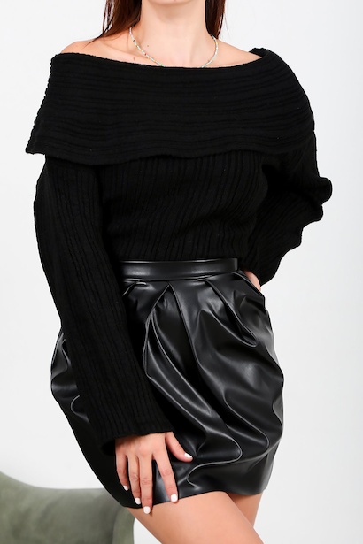 Kadın Madonna Yaka Triko Bluz Siyah