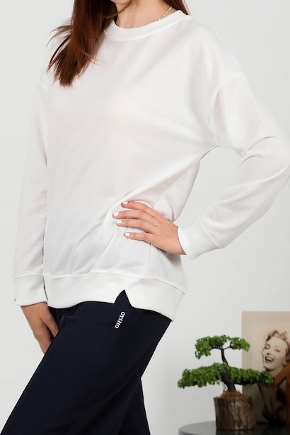 Kadın Bisiklet Yaka Düz Sweat Ekru