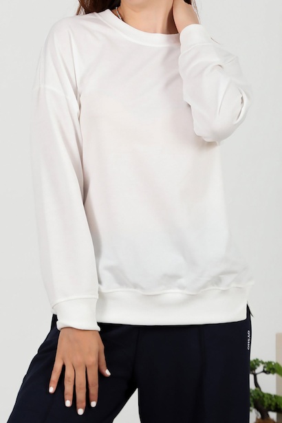 Kadın Bisiklet Yaka Düz Sweat Ekru Ekru 6