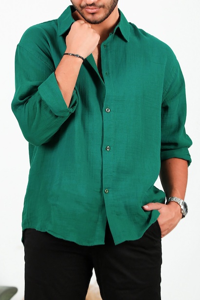Erkek Uzun Kol Keten Gömlek Yeşil