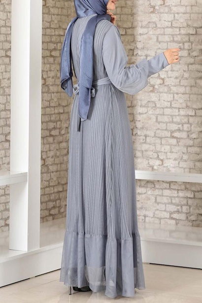 Kadın Pilise Detaylı Tül Abiye Gri 4