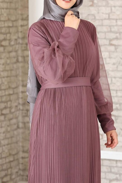 Kadın Pilise Detaylı Tül Abiye Mürdüm 4