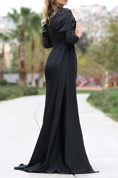 Kadın Pul Detaylı Saten Uzun Abiye Siyah 4