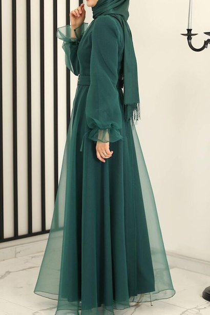 Kadın Uzun Tül Abiye Zümrüt 4