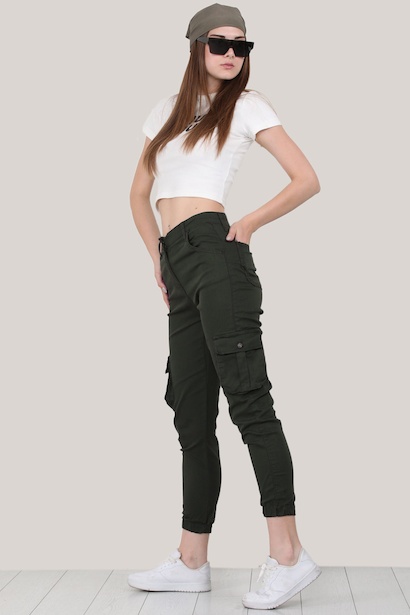 Kadın Cepli Kargo Pantolon Haki