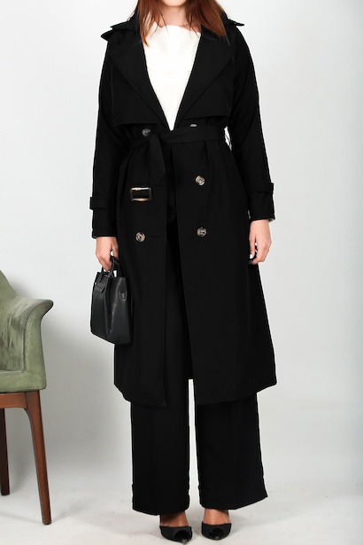 Kadın Bel Kuşaklı Düğmeli Trençkot Siyah Siyah 6