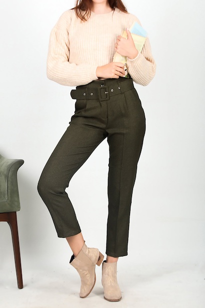 Kadın Kemerli  Havuç Pantolon Haki