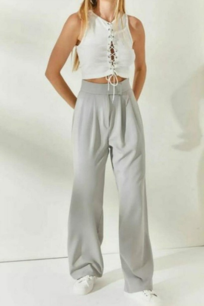 Kadın Bel Cırtlı Geniş Pantolon Gri