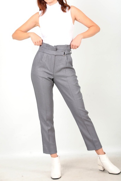 Kadın Kendinden Kemerli Pantolon Gri