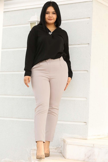 Büyük Beden Kemerli Pantolon Krem 6