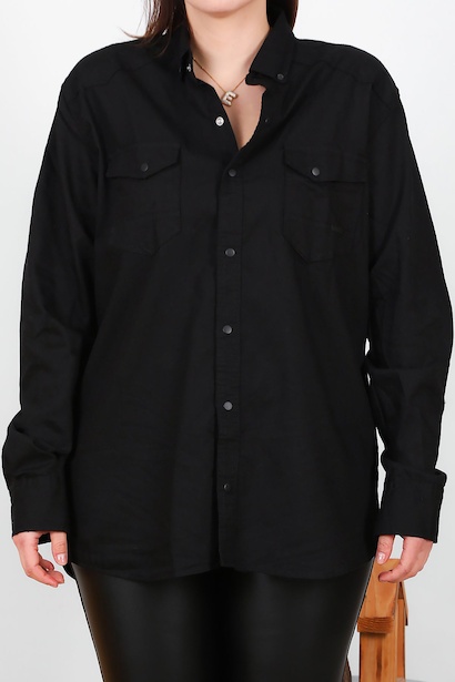 Büyük Beden Çıt Çıt Düğmeli Önden Cepli Gömlek Siyah Siyah 6