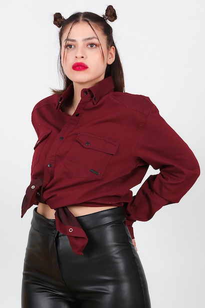 Büyük Beden Çıt Çıt Düğmeli Önden Cepli Gömlek Bordo