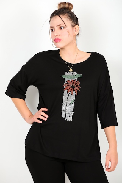 Büyük Beden Önü Taşlı Bluz Siyah
