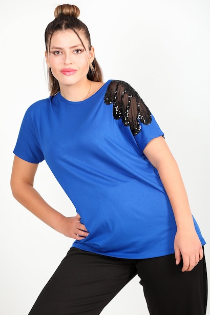 Büyük Beden Omuz Nakışlı Bluz Saks