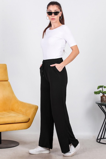 Kadın Yırtmaçlı Bol Paça Pantolon Siyah