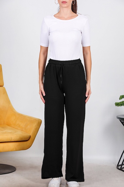 Kadın Yırtmaçlı Bol Paça Pantolon Siyah Siyah 6