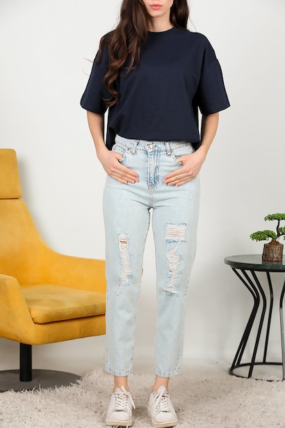Kadın Yırtık Detaylı Mom Jeans Pantolon Kot 6