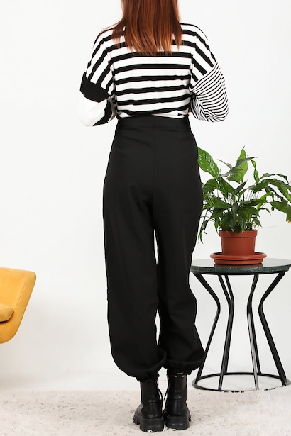 Kadın Cırtlı Paça Lastikli Pantolon Siyah 6