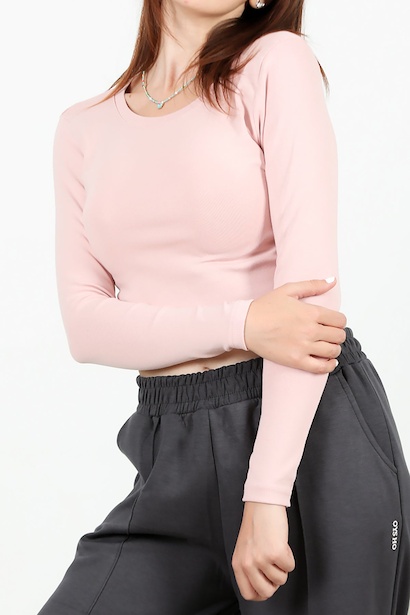 Kadın Bis Yaka Uzun Kol Kısa Bluz Gül