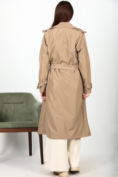 Kadın Bel Kuşaklı Düğmeli Trençkot Bej Bej 6
